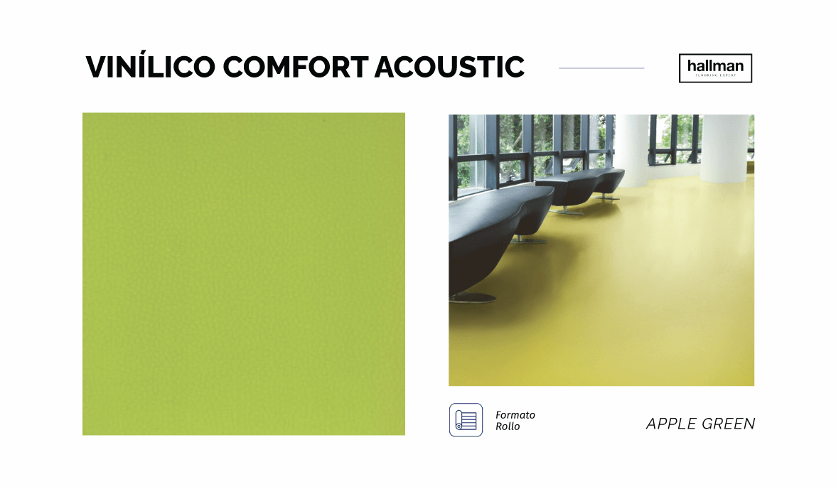APPLE GREEN Vinílico Comfort Acoustic, Piso vinílico Heterogéneo que entre sus capas incluye una espuma de reducción de ruido, el cual amortigua impactos como golpes y caídas. Ofrece una gran variedad de colores, es antideslizante, antibacterial y resistente a rayaduras