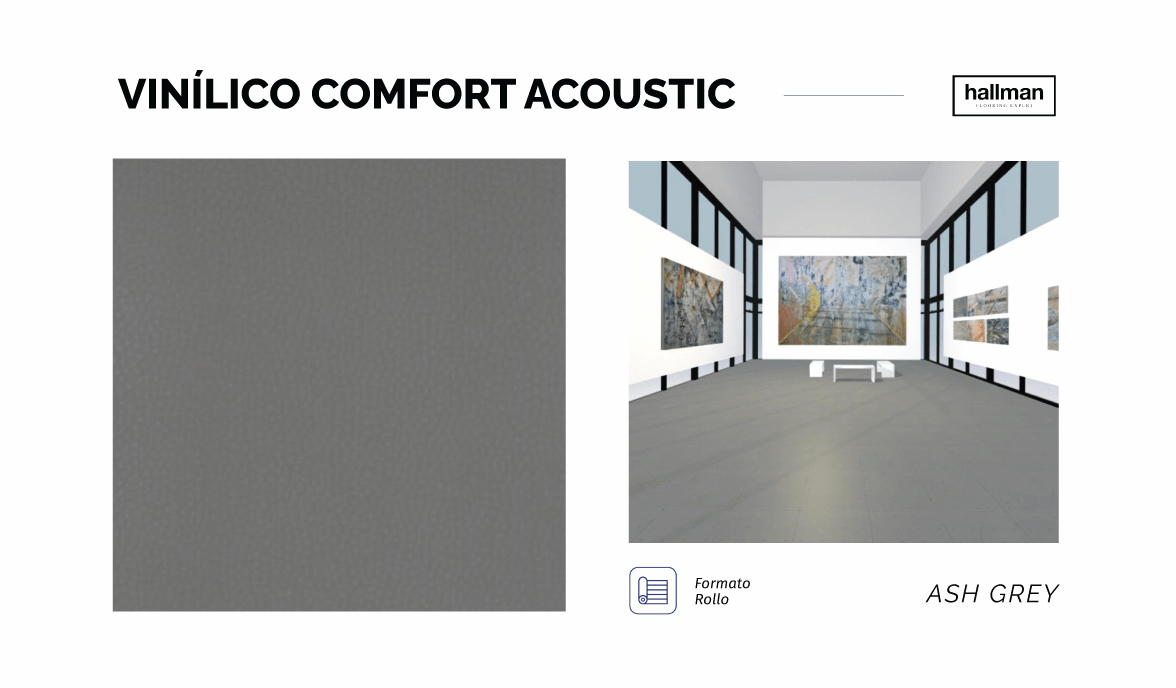 ASH GREY Vinílico Comfort Acoustic, Piso vinílico Heterogéneo que entre sus capas incluye una espuma de reducción de ruido, el cual amortigua impactos como golpes y caídas. Ofrece una gran variedad de colores, es antideslizante, antibacterial y resistente a rayaduras