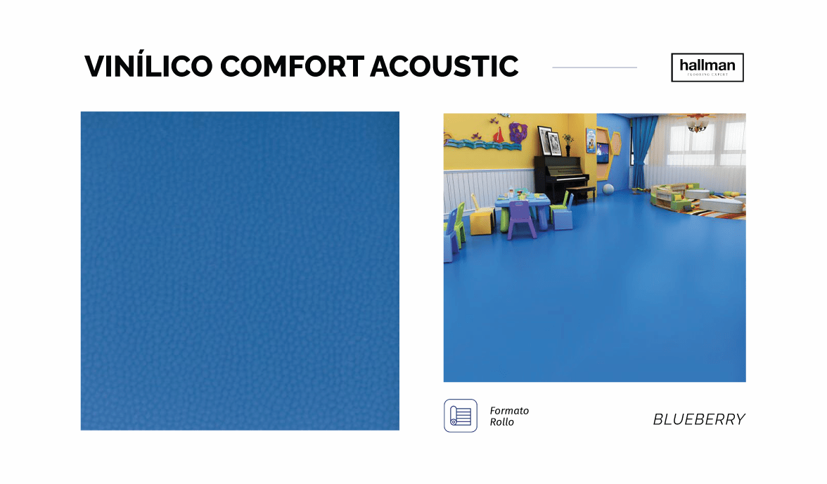 BLUEBERRY Vinílico Comfort Acoustic, Piso vinílico Heterogéneo que entre sus capas incluye una espuma de reducción de ruido, el cual amortigua impactos como golpes y caídas. Ofrece una gran variedad de colores, es antideslizante, antibacterial y resistente a rayaduras
