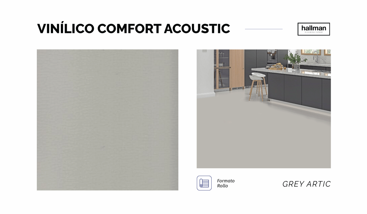 GREY ARTIC Vinílico Comfort Acoustic, Piso vinílico Heterogéneo que entre sus capas incluye una espuma de reducción de ruido, el cual amortigua impactos como golpes y caídas. Ofrece una gran variedad de colores, es antideslizante, antibacterial y resistente a rayaduras