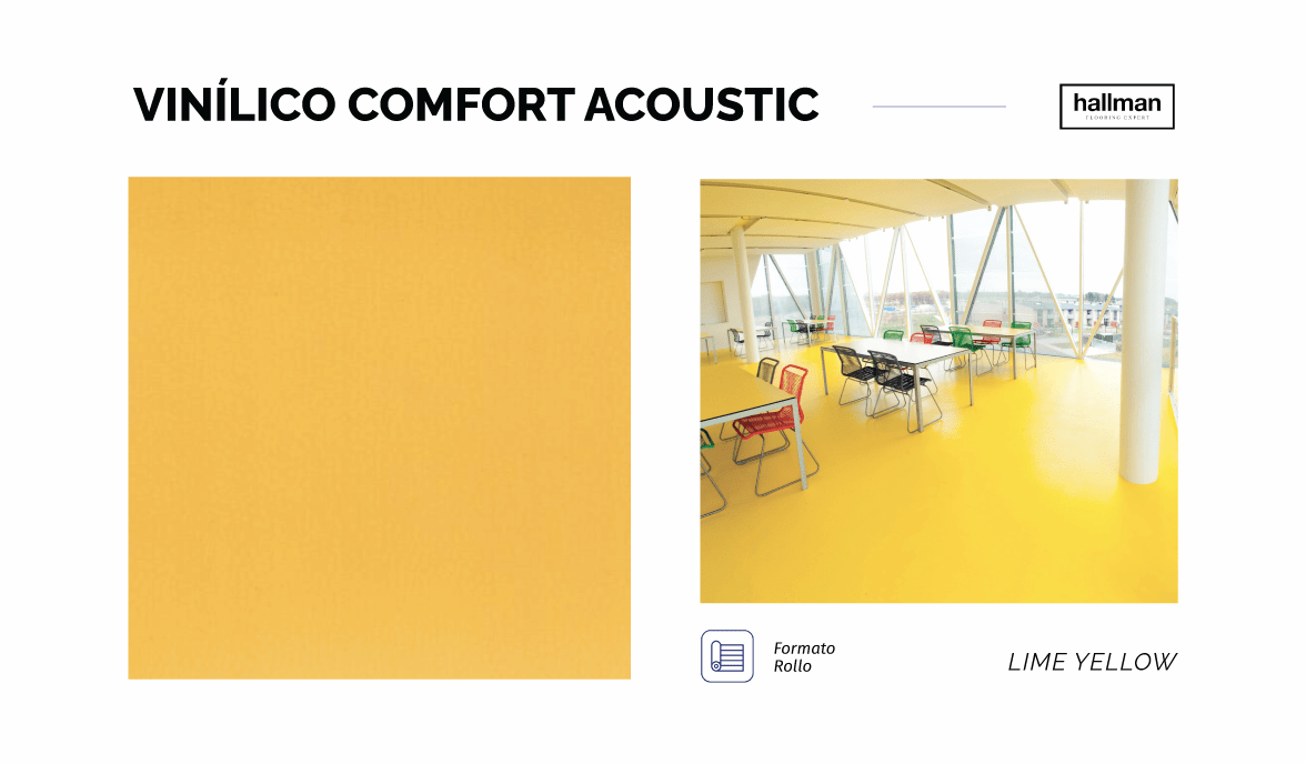 LIME YELLOW Vinílico Comfort Acoustic, Piso vinílico Heterogéneo que entre sus capas incluye una espuma de reducción de ruido, el cual amortigua impactos como golpes y caídas. Ofrece una gran variedad de colores, es antideslizante, antibacterial y resistente a rayaduras