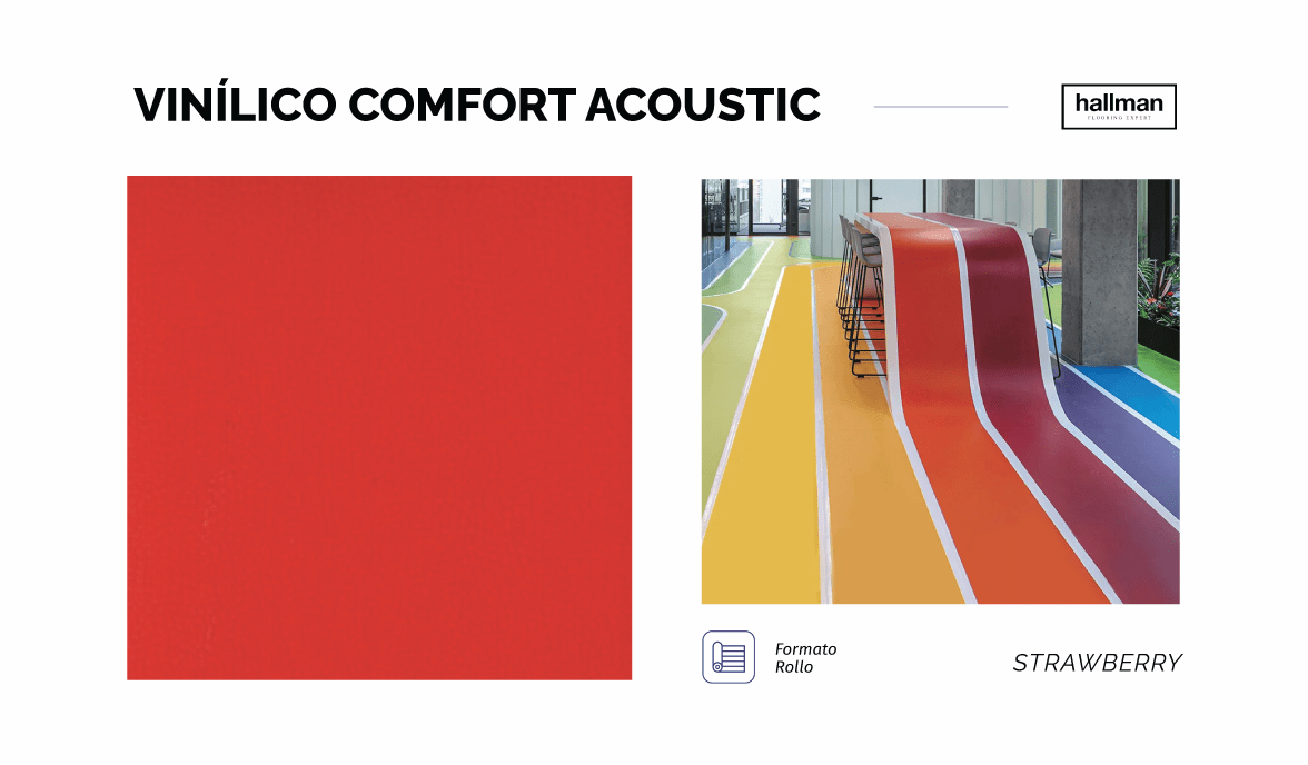 STRAWBERRY Vinílico Comfort Acoustic, Piso vinílico Heterogéneo que entre sus capas incluye una espuma de reducción de ruido, el cual amortigua impactos como golpes y caídas. Ofrece una gran variedad de colores, es antideslizante, antibacterial y resistente a rayaduras