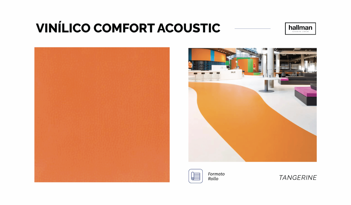 TANGERINE Vinílico Comfort Acoustic, Piso vinílico Heterogéneo que entre sus capas incluye una espuma de reducción de ruido, el cual amortigua impactos como golpes y caídas. Ofrece una gran variedad de colores, es antideslizante, antibacterial y resistente a rayaduras