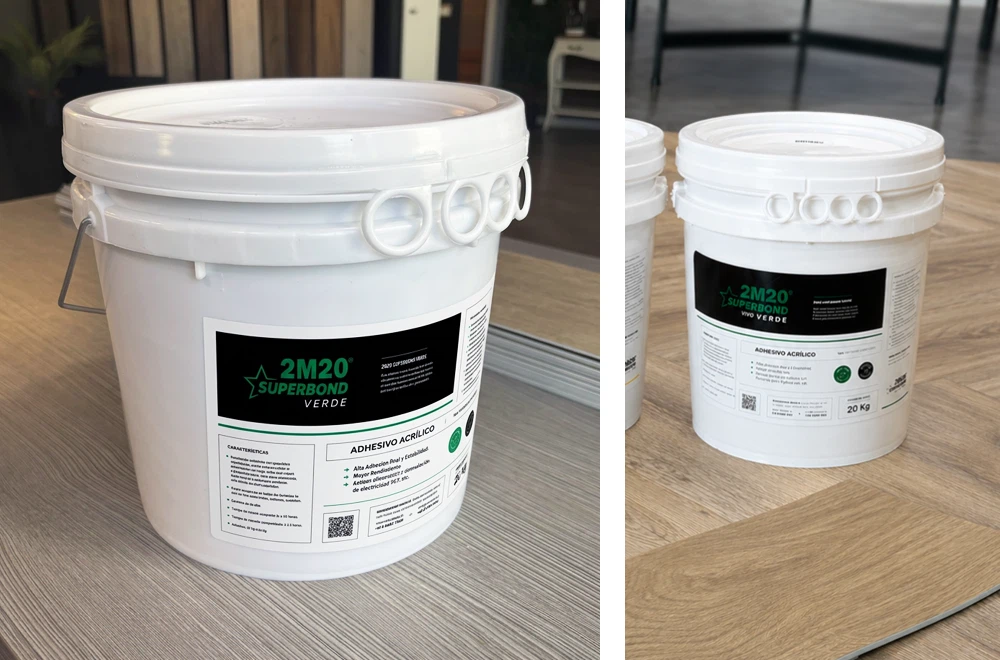 Adhesivo 2M20® Verde balde 10lts y 20Lts - sobre Tablón Vinílico Madera para Pisos